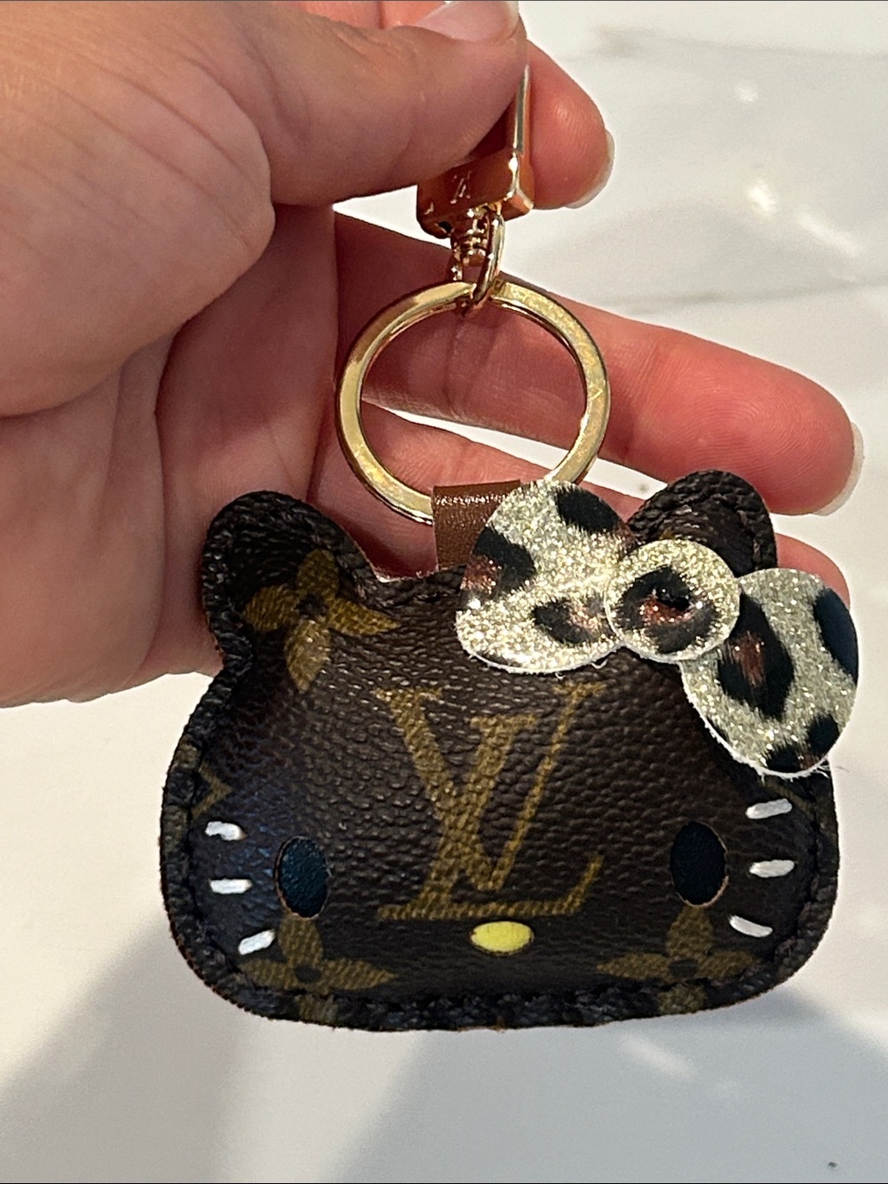 Upcycled LV Gold-Tone Brown Monogram HK Keychain Bag Charm with Leopard Bow - Picture 10 of 11